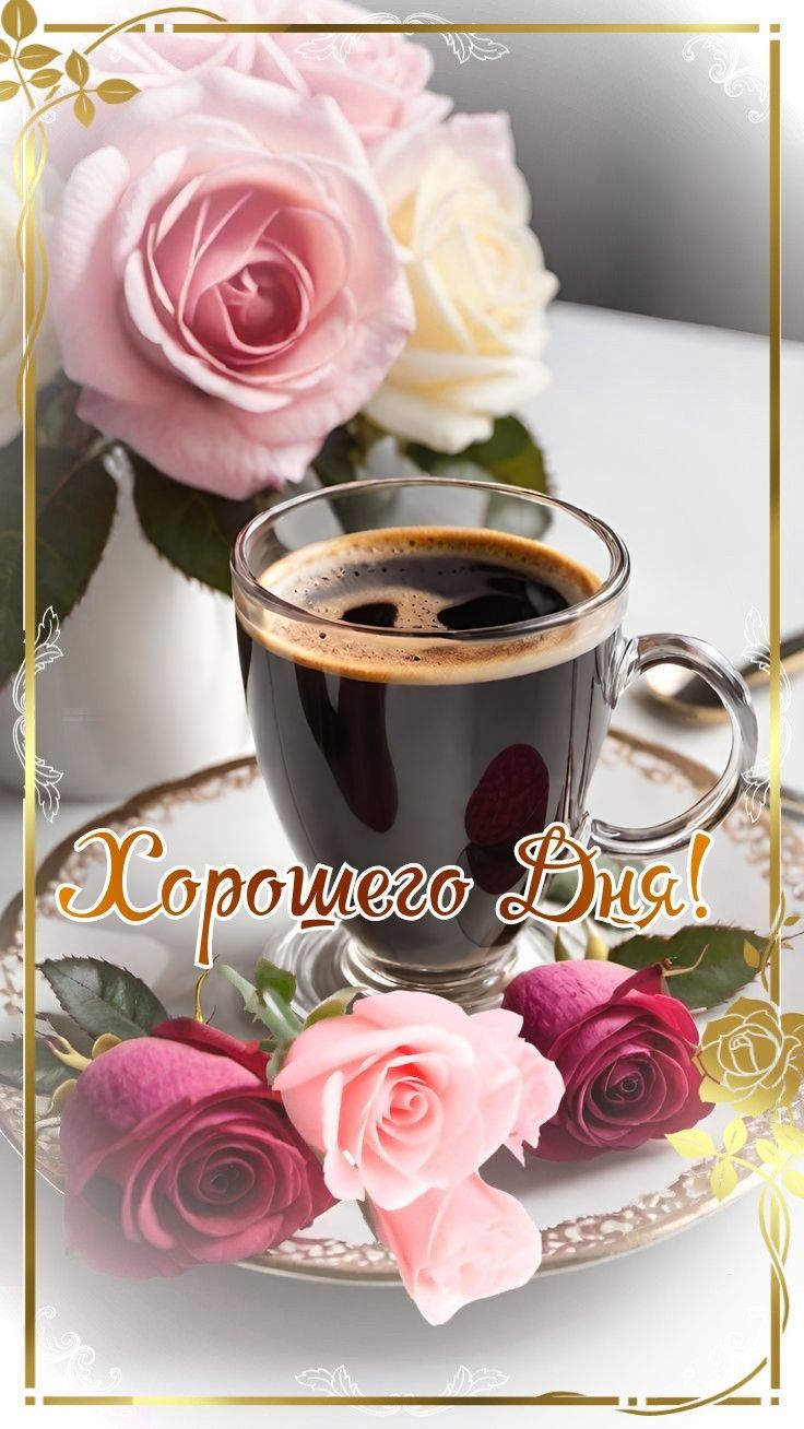 Открытка «Пожелание»: Хорошего Дня! Кофе и нежные розы для настроения. Тэги: кофе, позитив, цветок, уют, чашка…