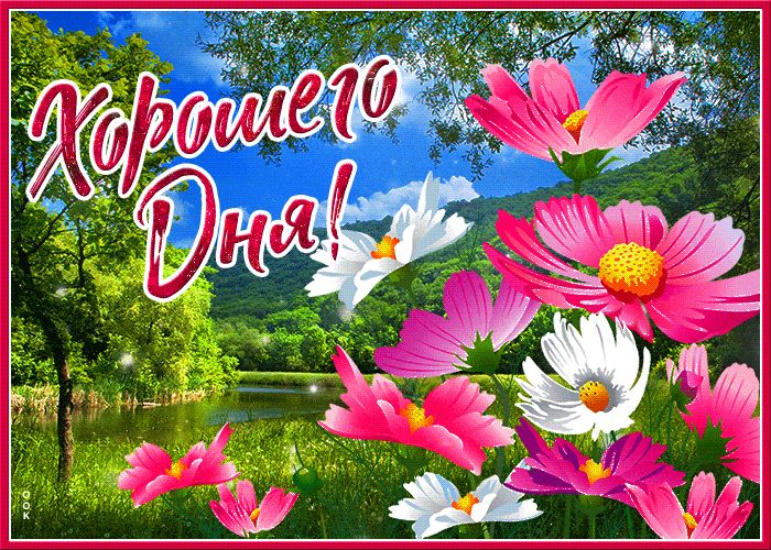 Открытка «Пожелание»: Хорошего Дня! Яркие цветы и летний пейзаж. Тэги: улыбка, утро, красивая, позитив, радость…