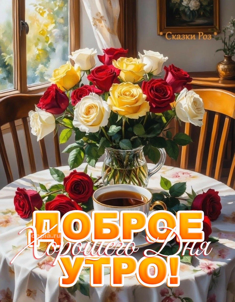 Открытка «Пожелание»: Доброе утро: букет роз, кофе и хорошее настроение. Тэги: утро, красивая, кофе, позитив, радость…