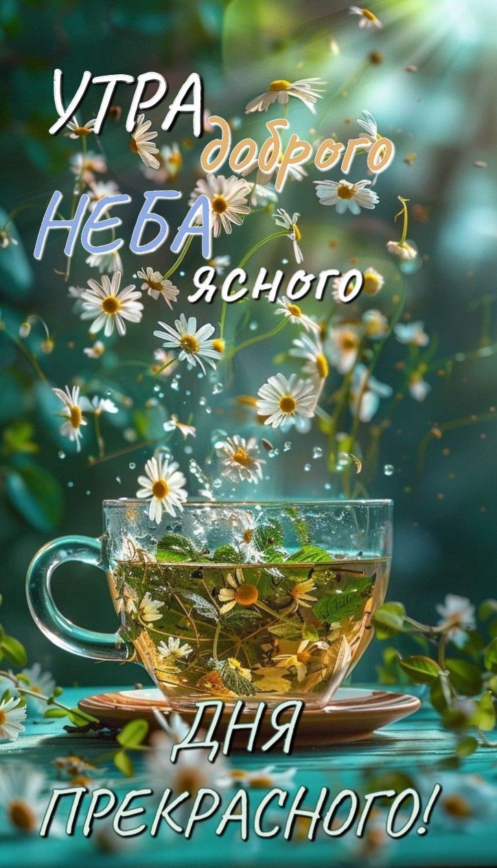 Открытка «Пожелание»: Доброе утро! Прекрасного дня с чашкой ромашек. Тэги: улыбка, утро, красивая, позитив, радость…