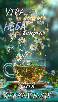 Открытка «Пожелание»: Доброе утро! Прекрасного дня с чашкой ромашек. Тэги: улыбка, утро, красивая, позитив, радость…