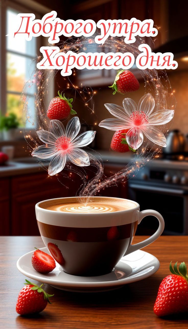 Открытка «Пожелание»: Доброе утро и хороший день: позитив и кофе. Тэги: улыбка, утро, красивая, кофе, позитив, радость…