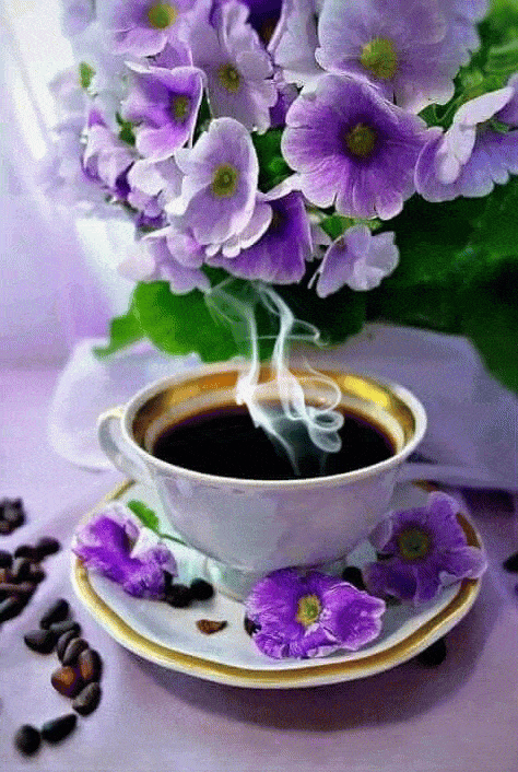 Открытка «Пожелание»: Нежное утро: чашка кофе и весенние цветы. Тэги: утро, красивая, кофе, позитив, радость, цветок…