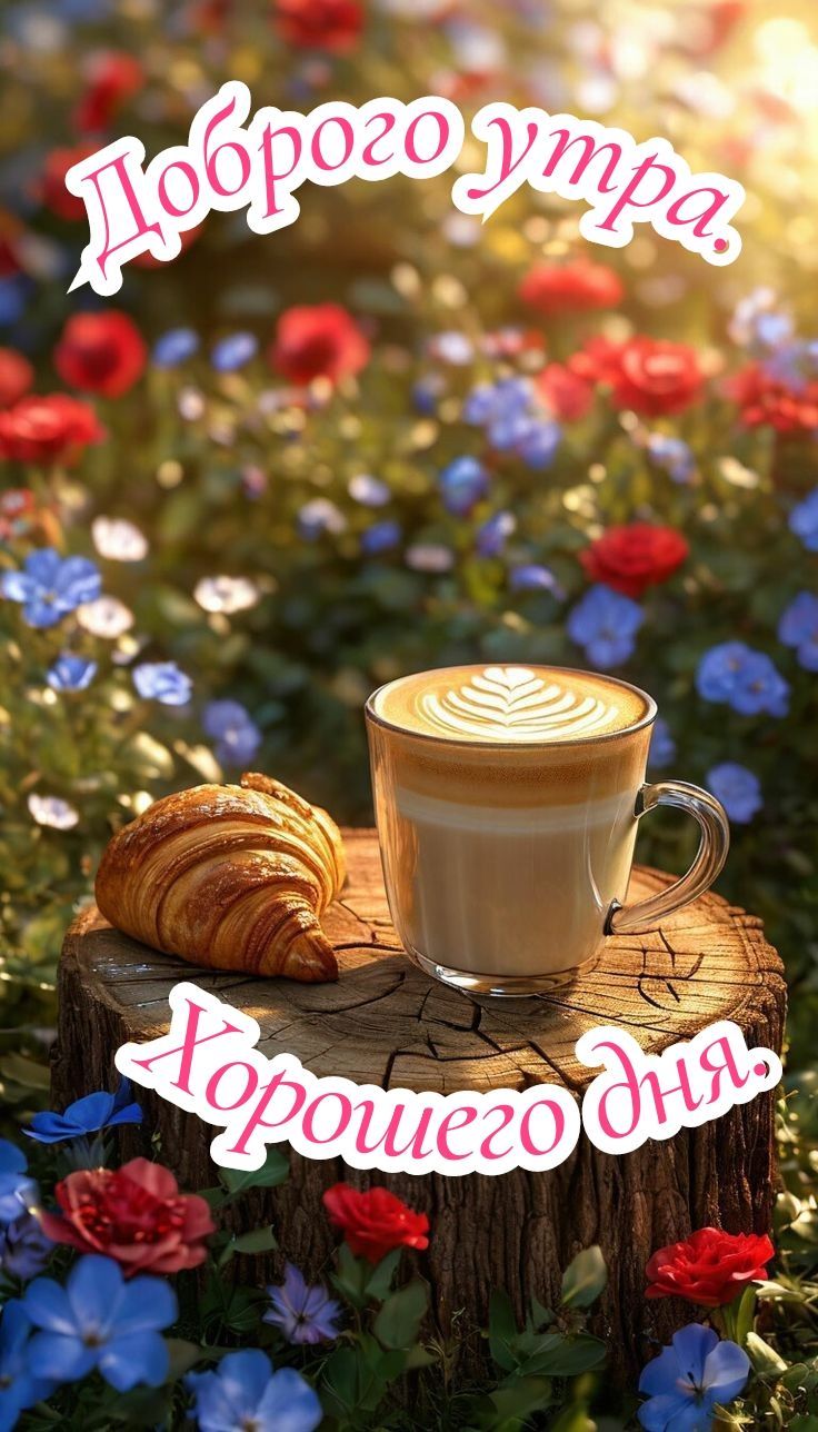 Открытка «Пожелание»: Красивого утра и хорошего дня!. Тэги: красивая, кофе, позитив, радость, цветок, чашка, настроен…