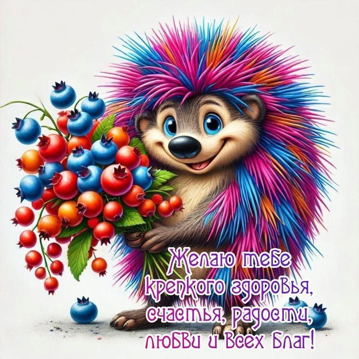 Открытка «Животное»: Яркая открытка с ёжиком: счастья, здоровья, любви!. Тэги: пожелание, прикольная, улыбка, позитив…