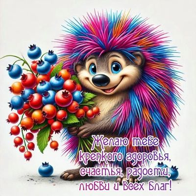 Открытка «Животное»: Яркая открытка с ёжиком: счастья, здоровья, любви!. Тэги: пожелание, прикольная, улыбка, позитив…