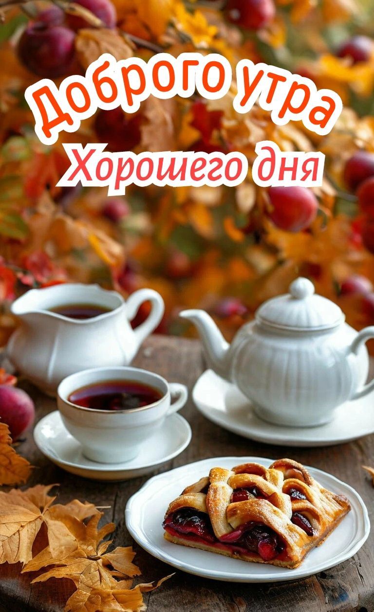 Открытка «Пожелание»: Доброго утра и хорошего дня – уютное осеннее пожелание. Тэги: утро, красивая, чай, осень, чашка…