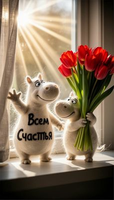 Открытка «Животное»: Всем Счастья! Позитивная открытка с тюльпанами. Тэги: пожелание, улыбка, утро, красивая, позитив…