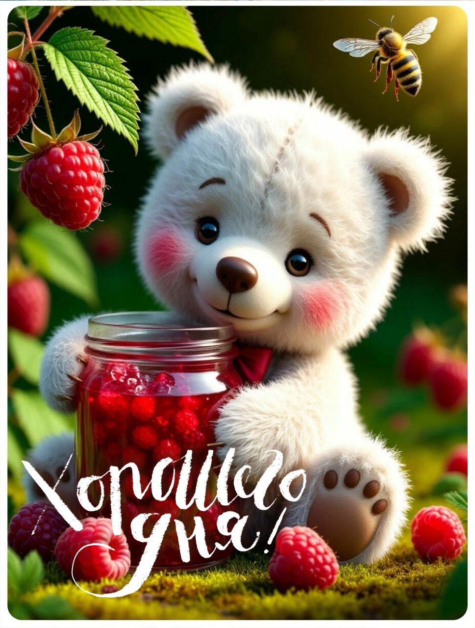 Открытка «Хорошего дня»: Хорошего дня! Позитив с милым медведем и малиной. Тэги: пожелание, улыбка, друг, красивая…