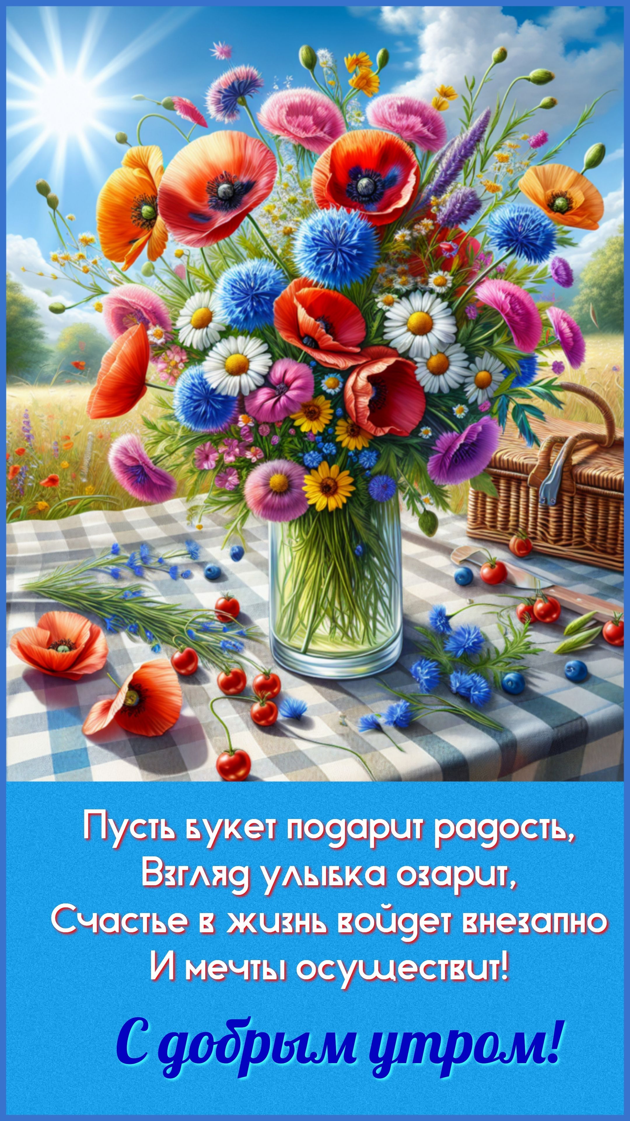 Открытка «Пожелание»: С добрым утром! Яркий букет, радость и счастье. Тэги: утро, красивая, позитив, радость, цветок…