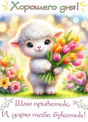 Открытка «Животное»: Хорошего дня! Милый ягненок с букетом тюльпанов. Тэги: пожелание, улыбка, друг, подруга, женщина…
