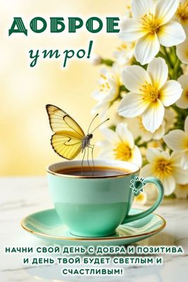 Открытка «Пожелание»: Доброе утро! Позитив с чашкой кофе и бабочкой. Тэги: утро, красивая, кофе, позитив, радость…