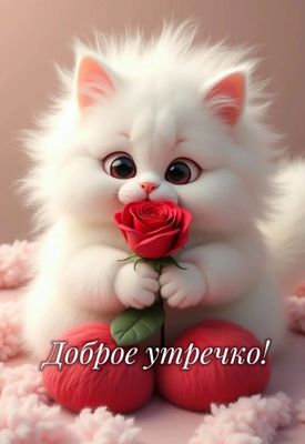 Открытка «Кот»: Позитивное Доброе утречко! Милый кот с розой. Тэги: животное, пожелание, улыбка, утро, красивая…
