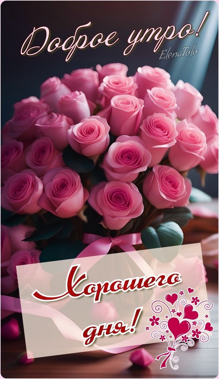 Открытка «Пожелание»: Доброе утро и хорошего дня! Нежные розы. Тэги: улыбка, утро, красивая, позитив, радость, сердце…