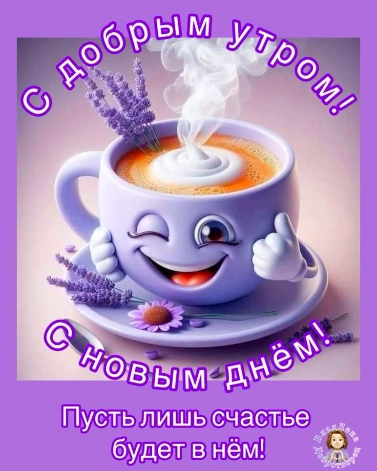 Открытка «Пожелание»: С добрым утром и новым днём! Счастье и позитив. Тэги: прикольная, улыбка, красивая, кофе…