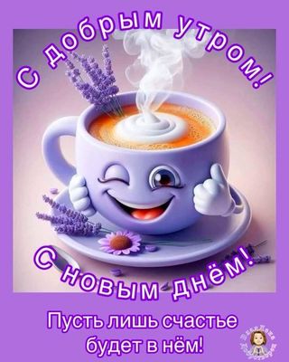 Открытка «Пожелание»: С добрым утром и новым днём! Счастье и позитив. Тэги: прикольная, улыбка, красивая, кофе…