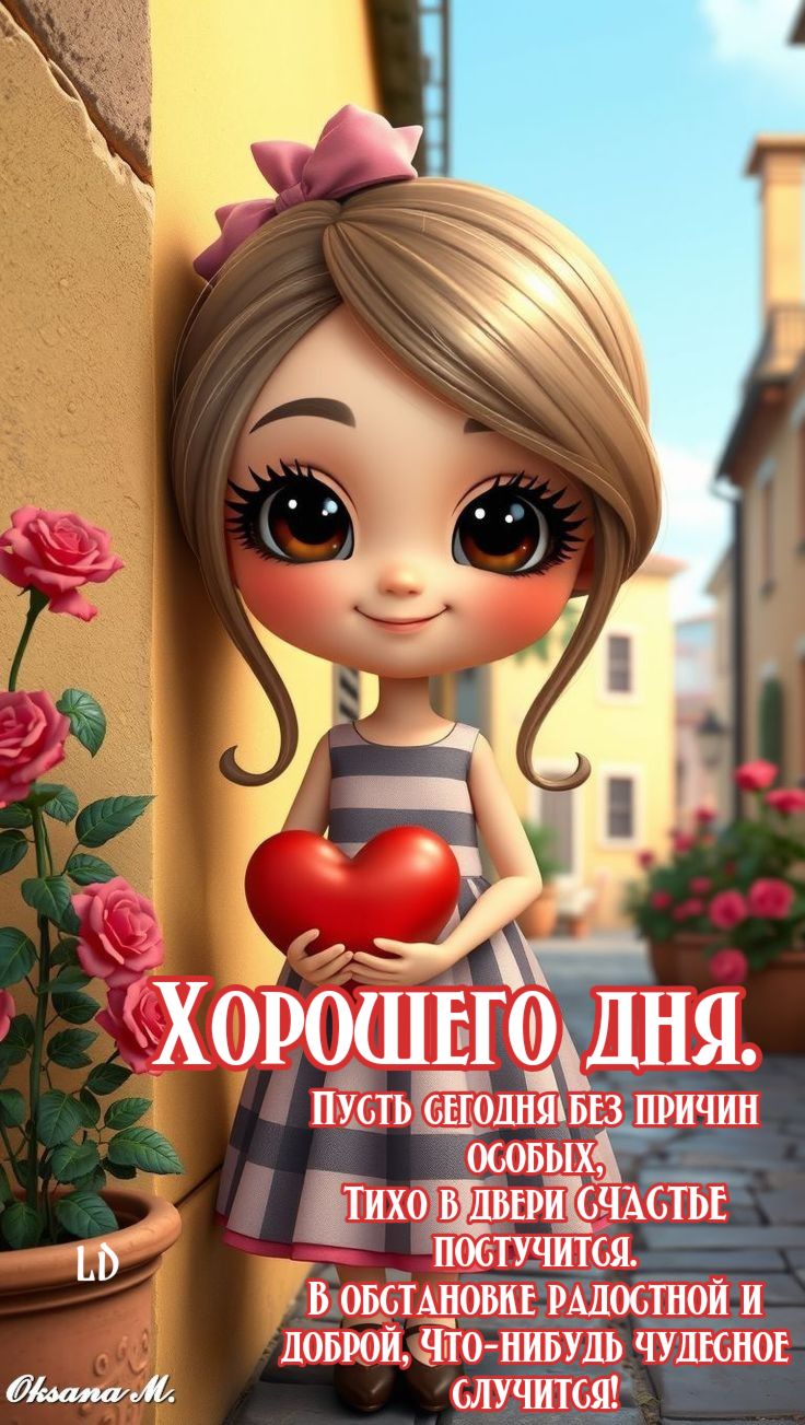 Открытка «Хорошего дня»: Хорошего дня и счастья! Милая открытка с пожеланием. Тэги: пожелание, улыбка, девушка…