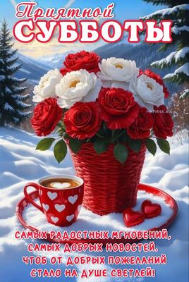 Открытка «Пожелание»: Приятной субботы и радостных пожеланий!. Тэги: красивая, кофе, радость, сердце, цветок, чашка…