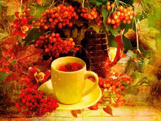 Открытка «Пожелание»: Осенний уют: чай, ягоды и тепло природы. Тэги: утро, красивая, позитив, радость, чай, осень…