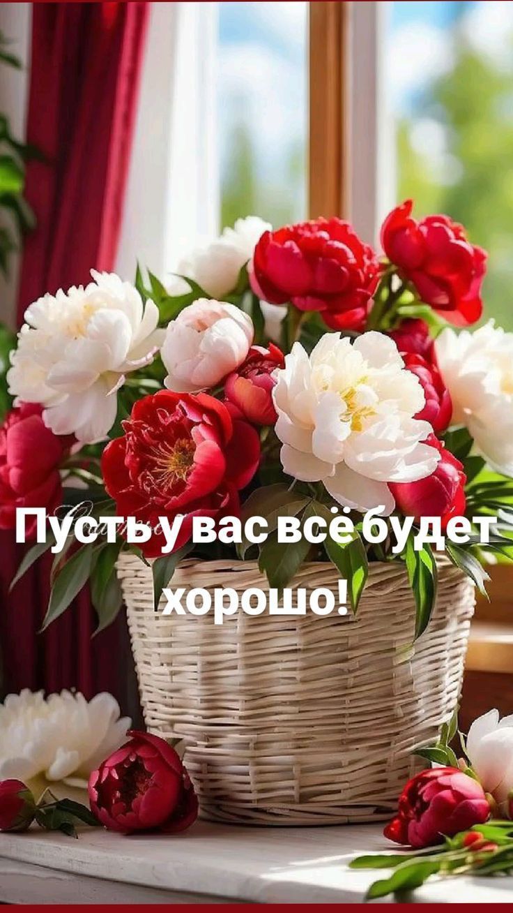 Открытка «Пожелание»: Пожелание благополучия с букетом ярких пионов. Тэги: утро, красивая, позитив, радость, цветок…