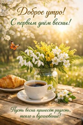 Открытка «Животное»: Доброе утро, весна! Радость, тепло и вдохновение!. Тэги: пожелание, красивая, кофе, позитив…