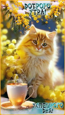 Открытка «Кот»: Доброе утро и успешный день: милый кот и позитив. Тэги: животное, пожелание, утро, красивая, кофе…