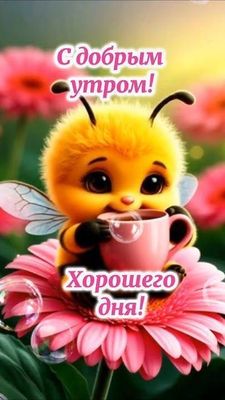 Открытка «Животное»: Доброе утро: милая пчелка и пожелание дня. Тэги: пожелание, прикольная, улыбка, друг, подруга…