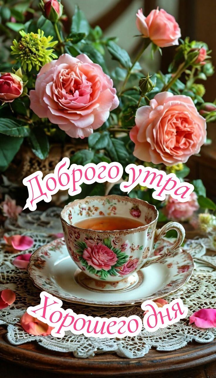 Открытка «Пожелание»: Доброе утро и хорошего дня – открытка с розами и чаем. Тэги: улыбка, утро, красивая, позитив…