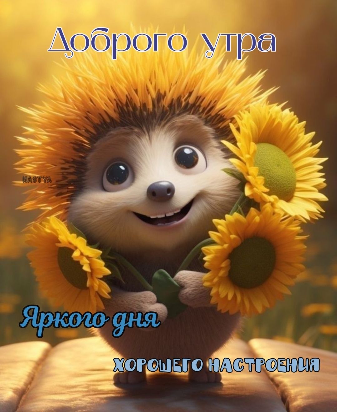 Открытка «Животное»: Доброго утра и дня: милый ёжик с подсолнухами. Тэги: пожелание, улыбка, утро, позитив, радость…