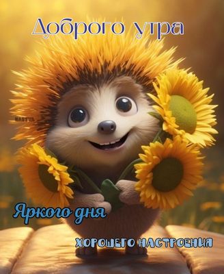Открытка «Животное»: Доброго утра и дня: милый ёжик с подсолнухами. Тэги: пожелание, улыбка, утро, позитив, радость…