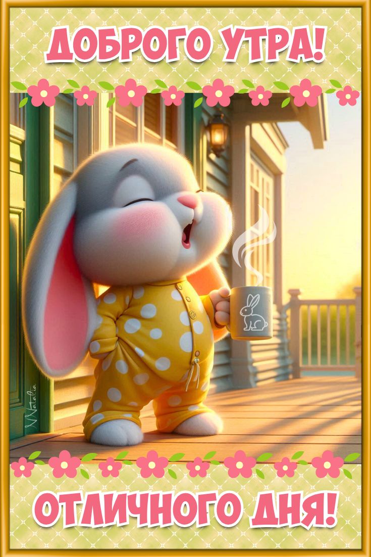 Открытка «Животное»: Доброе утро! Позитив с милым зайчиком и кофе. Тэги: пожелание, прикольная, улыбка, утро, кофе…