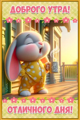 Открытка «Животное»: Доброе утро! Позитив с милым зайчиком и кофе. Тэги: пожелание, прикольная, улыбка, утро, кофе…