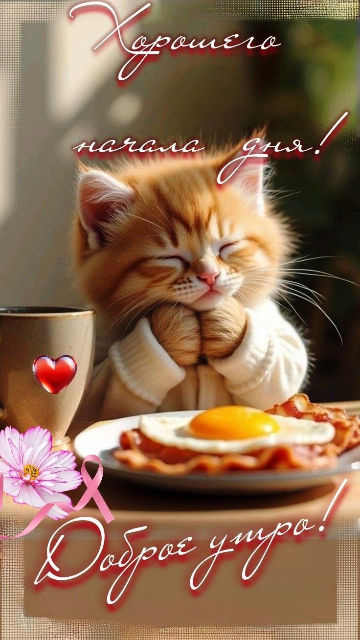 Открытка «Кот»: Милый котёнок: Доброе утро и хорошего дня!. Тэги: животное, пожелание, улыбка, утро, кофе, позитив…