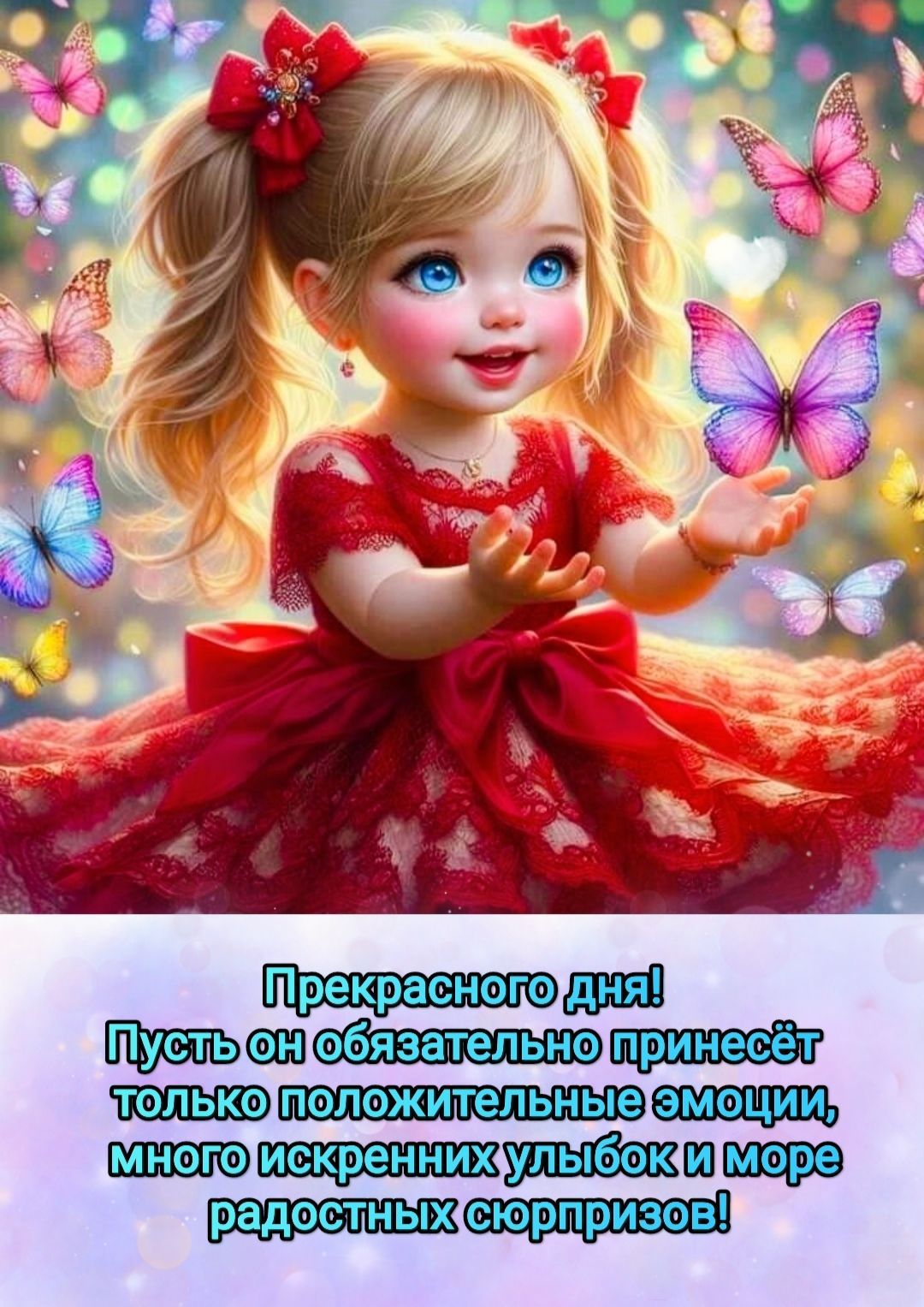 Открытка «Пожелание»: Прекрасного дня! Нежная девочка, радость, улыбка. Тэги: улыбка, красивая, позитив, радость…