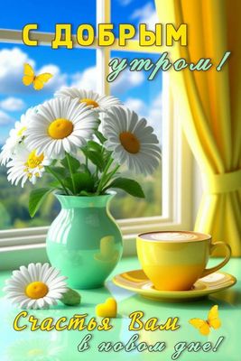 Открытка «Пожелание»: С добрым утром! Счастья и позитива в новом дне!. Тэги: улыбка, утро, красивая, кофе, позитив…