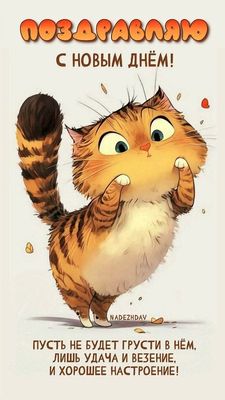 Открытка «Кот»: Милая поздравительная открытка с новым днем и котом. Тэги: животное, пожелание, прикольная, улыбка…