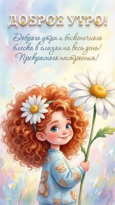 Открытка «Пожелание»: Доброе утро с милой девочкой и ромашкой. Тэги: улыбка, утро, красивая, позитив, радость, цветок…