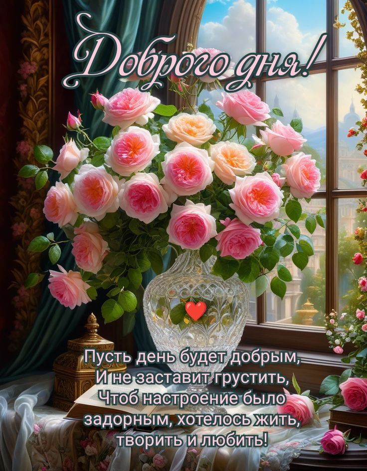 Открытка «Пожелание»: Доброго дня: нежные розы и душевное пожелание. Тэги: красивая, позитив, радость, добрый день…