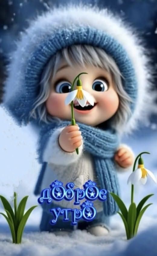 Открытка «Улыбка»: Милое доброе утро! Счастье и подснежник в снегу. Тэги: шапка, шарф, утро, красивая, позитив…