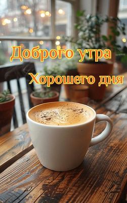 Открытка «Пожелание»: Доброго утра и хорошего дня – уютный кофе. Тэги: улыбка, утро, кофе, позитив, радость, уют, окно…