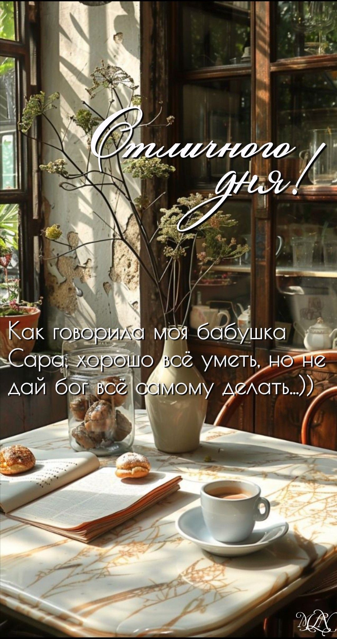 Открытка «Пожелание»: Отличного дня! Кофе и мудрость от бабушки. Тэги: женщина, красивая, кофе, печенье, окно, стол…