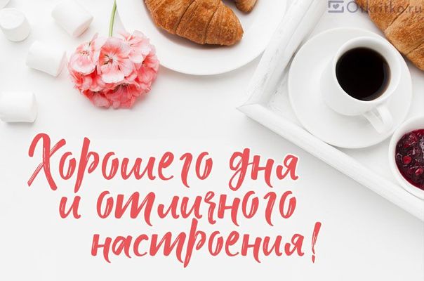 Открытка «Хорошего дня»: Хорошего дня и отличного настроения!. Тэги: пожелание, улыбка, утро, красивая, кофе, позитив…