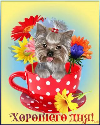 Открытка «Хорошего дня»: Хорошего дня! Милый щенок и цветы. Открытка позитив. Тэги: животное, пожелание, улыбка…