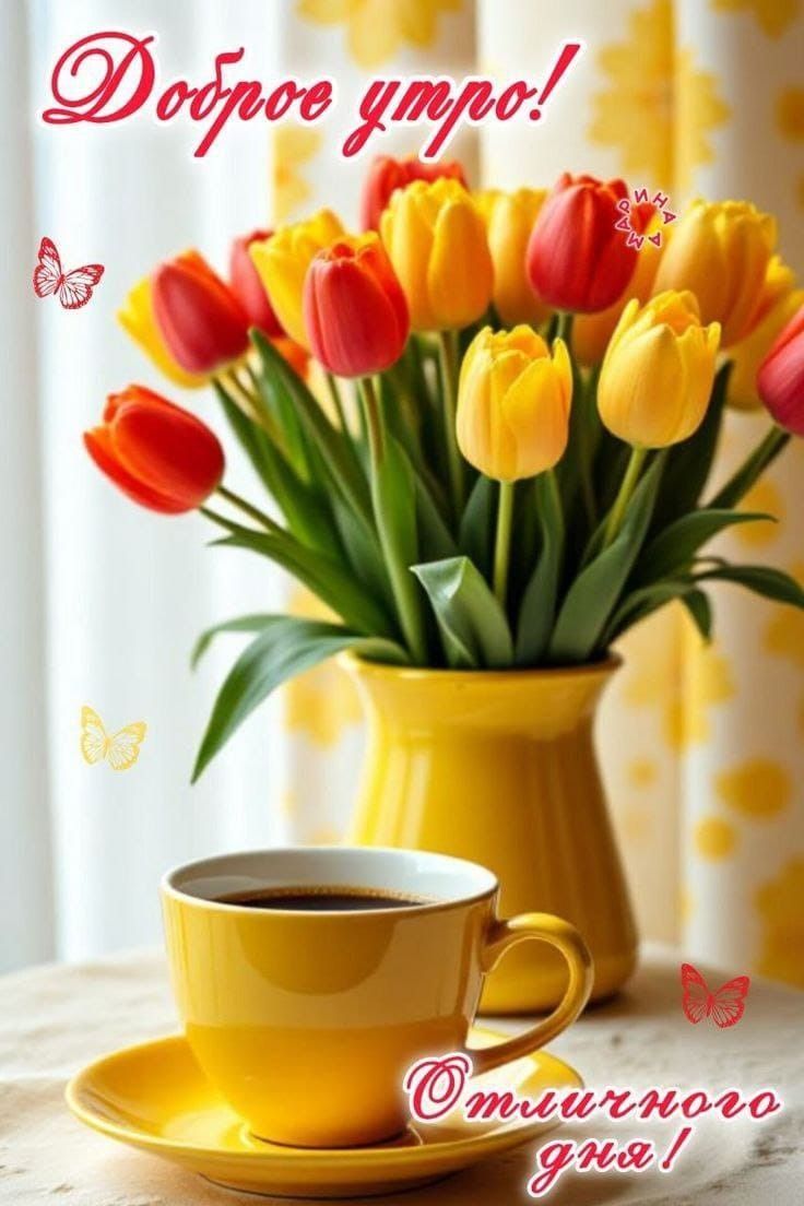 Открытка «Пожелание»: Доброе утро! Красивые тюльпаны и кофе для отличного дня. Тэги: утро, кофе, позитив, радость…