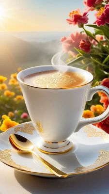 Открытка «С добрым утром»: Доброе утро: ароматный кофе и нежные цветы. Тэги: С добрым, кофейным утром, С добрым утром…