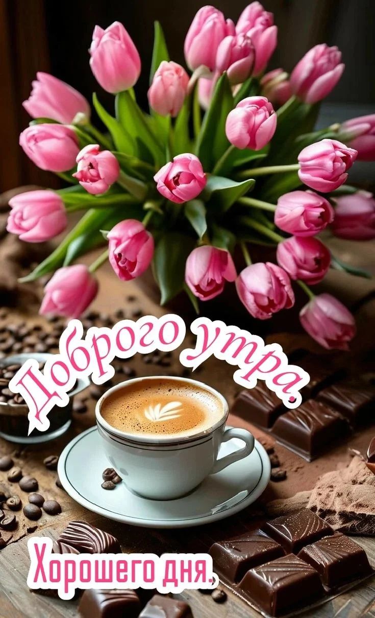 Открытка «Пожелание»: Нежное доброе утро: кофе, тюльпаны и счастье. Тэги: утро, красивая, кофе, позитив, радость…