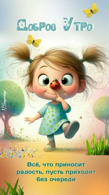 Открытка «Животное»: Доброе Утро: милая девочка и радость без очереди. Тэги: пожелание, улыбка, утро, позитив, радость…