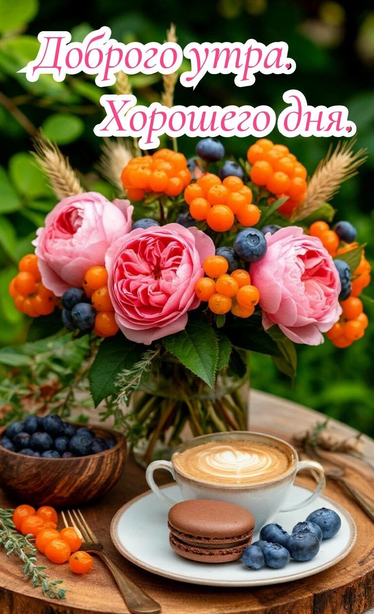 Открытка «Пожелание»: Доброе утро: кофе, цветы и пожелание хорошего дня. Тэги: красивая, кофе, позитив, радость…