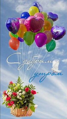 Открытка «Пожелание»: Позитивное доброе утро: шары, цветы, голубь. Тэги: утро, красивая, позитив, радость, цветок…