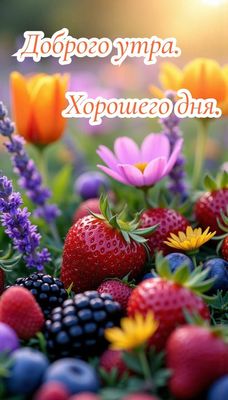 Открытка «Пожелание»: Яркое утро и Хороший день! Открытка с ягодами. Тэги: красивая, позитив, радость, цветок, настро…